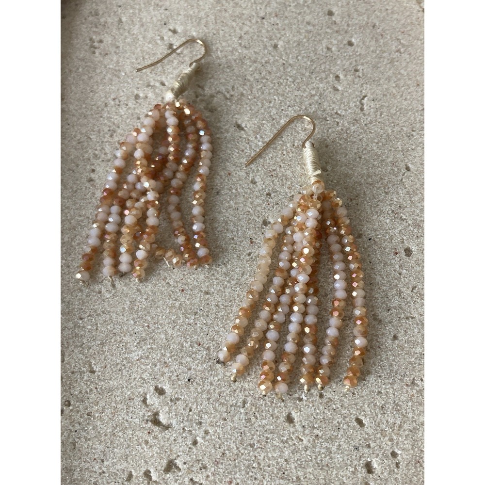 Boho Peachy Pink Faceted Bead Tassel Dangle Earrings Fringe Romantic Bling